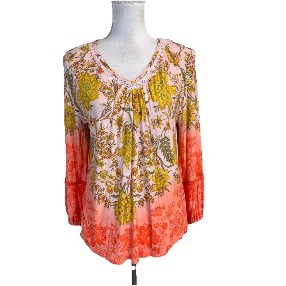 Democracy Blouse Top size Medium Coral Orange Gold Floral Lace Peasant Boho